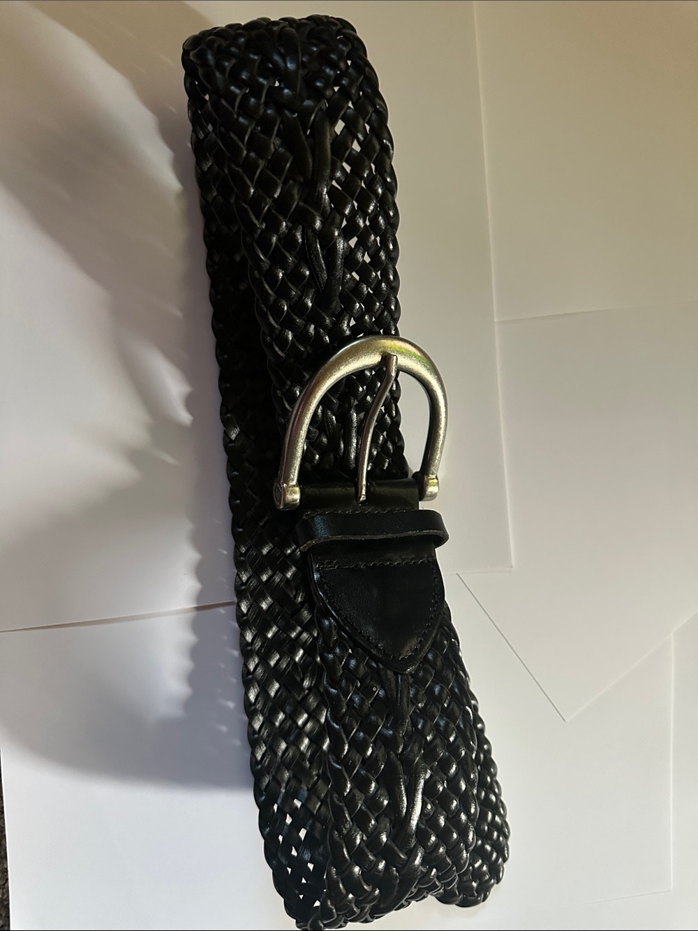 Chaps Black Woven Leather Belt with Silver Buckle